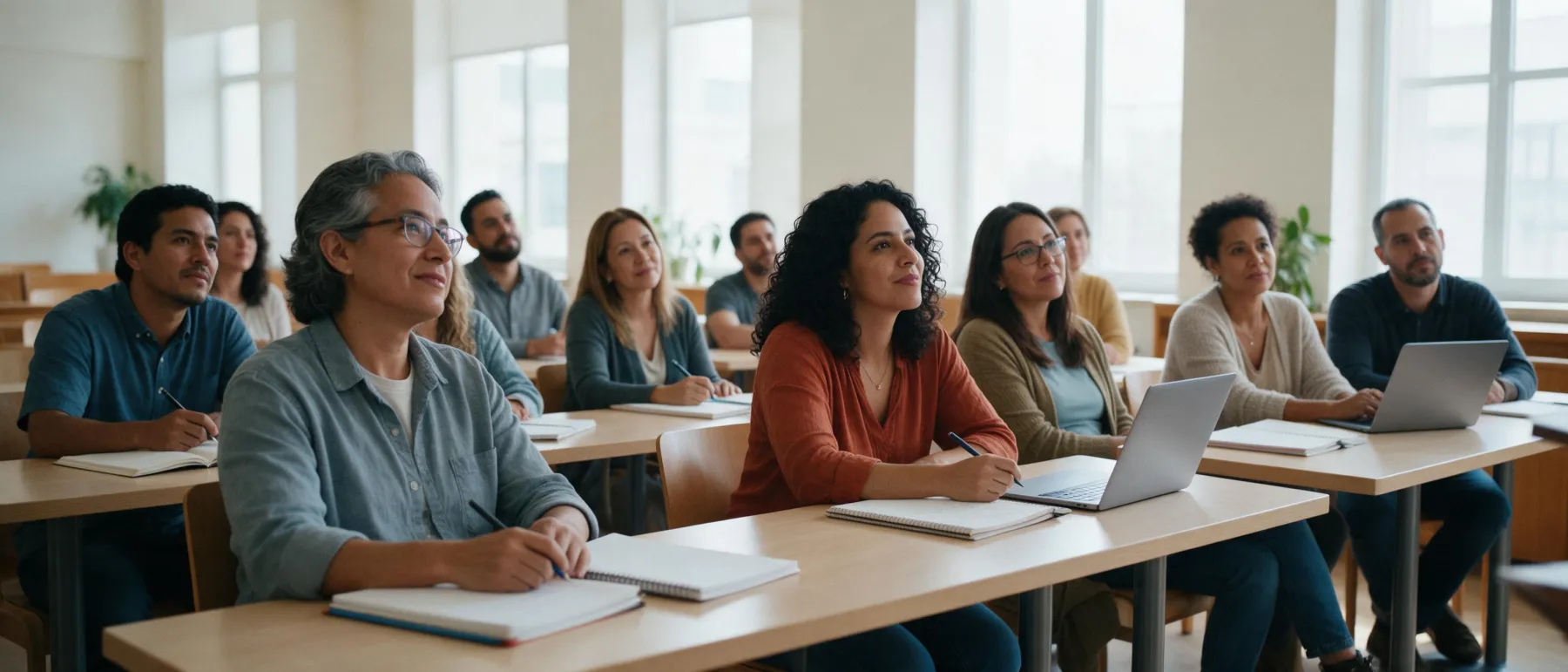 Estudiantes adultos en una clase presencial del curso de pre-licencia de bienes raíces