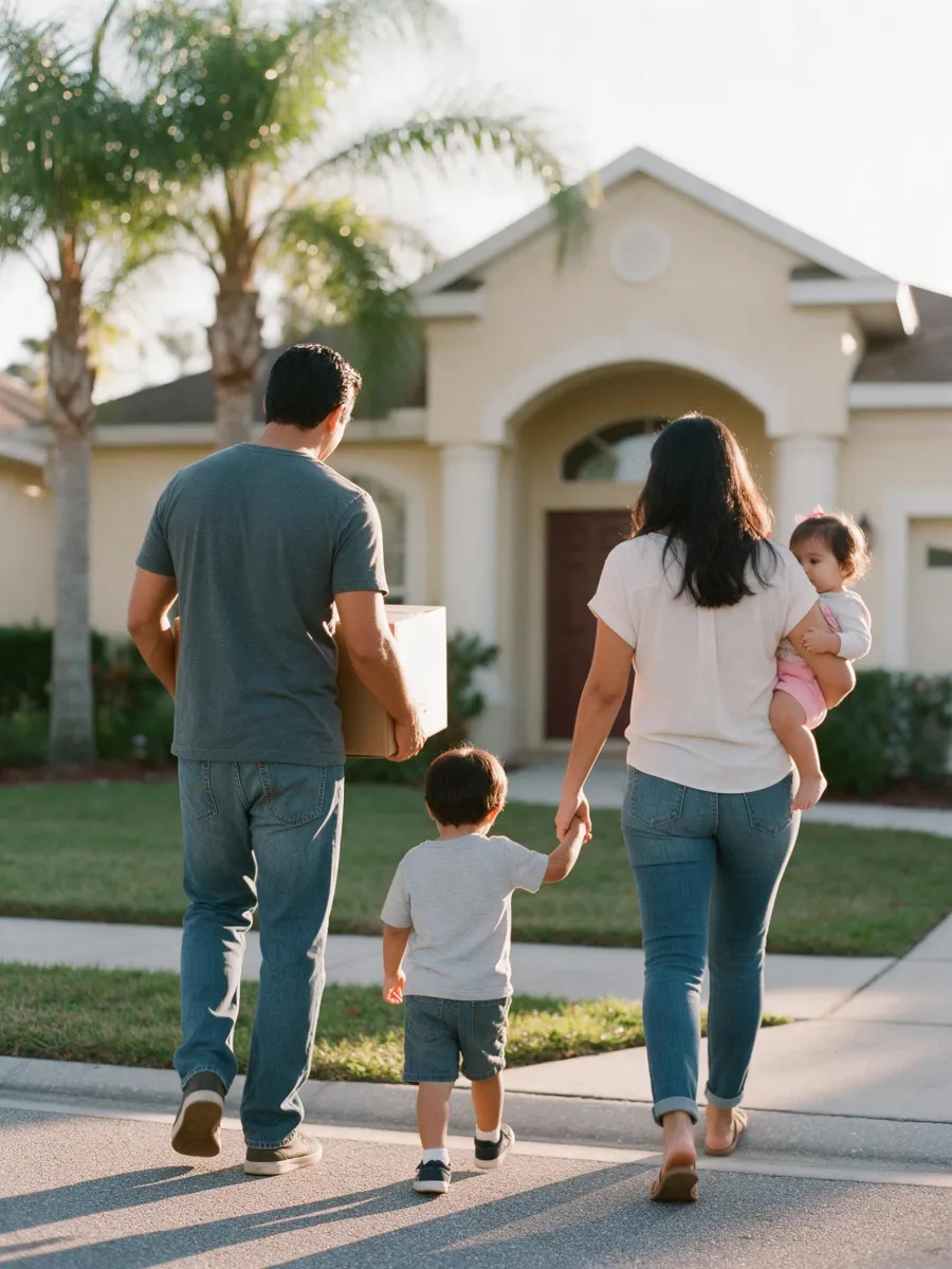 Familia llegando a su nueva casa en Florida con cajas de mudanza