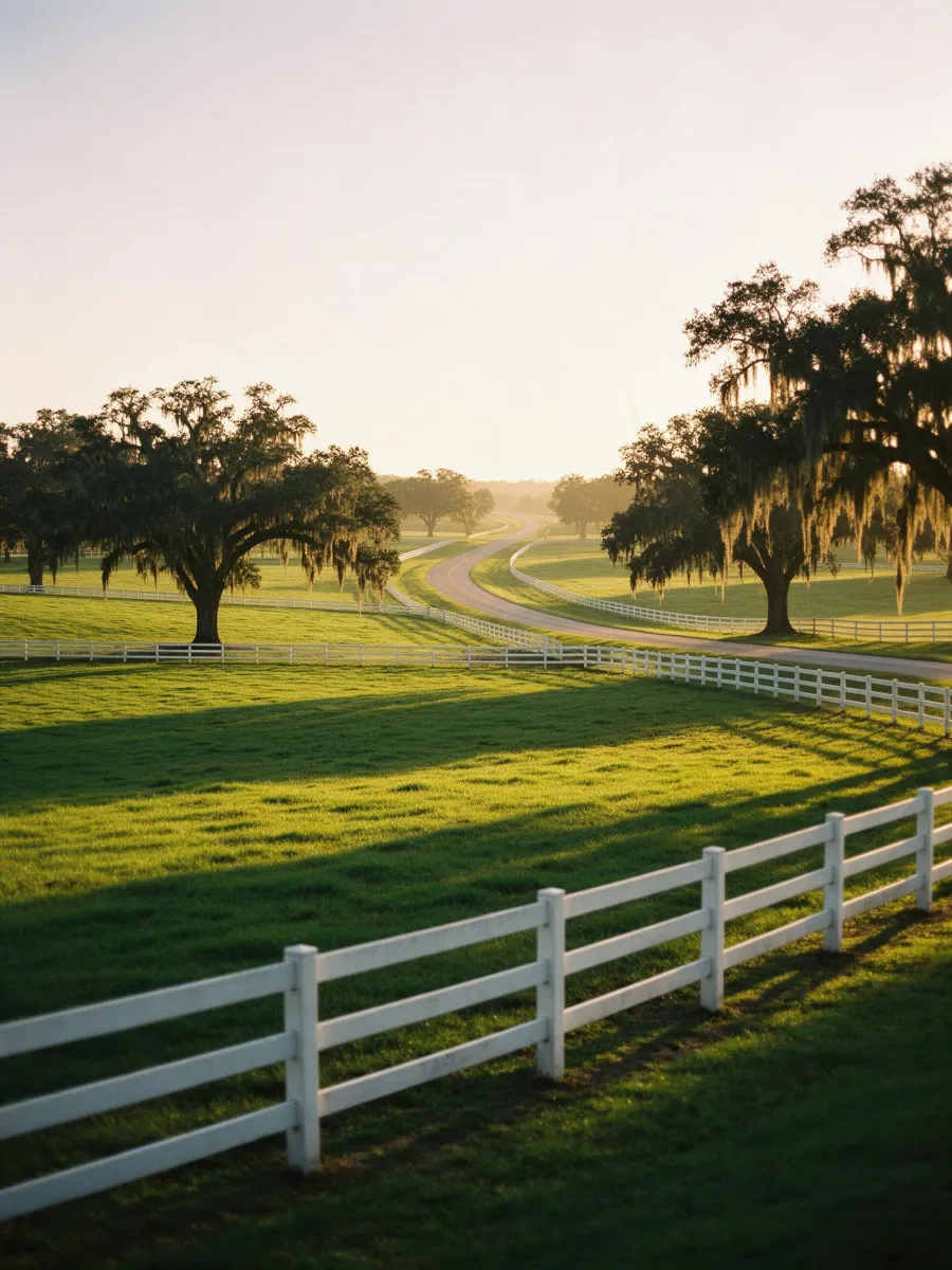 Campo abierto de Ocala, Florida, con robles y cercas blancas al atardecer