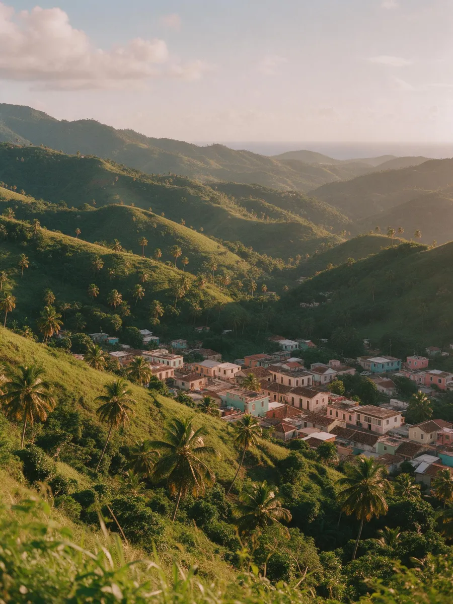 Montañas de Puerto Rico con un pueblo en el valle al atardecer